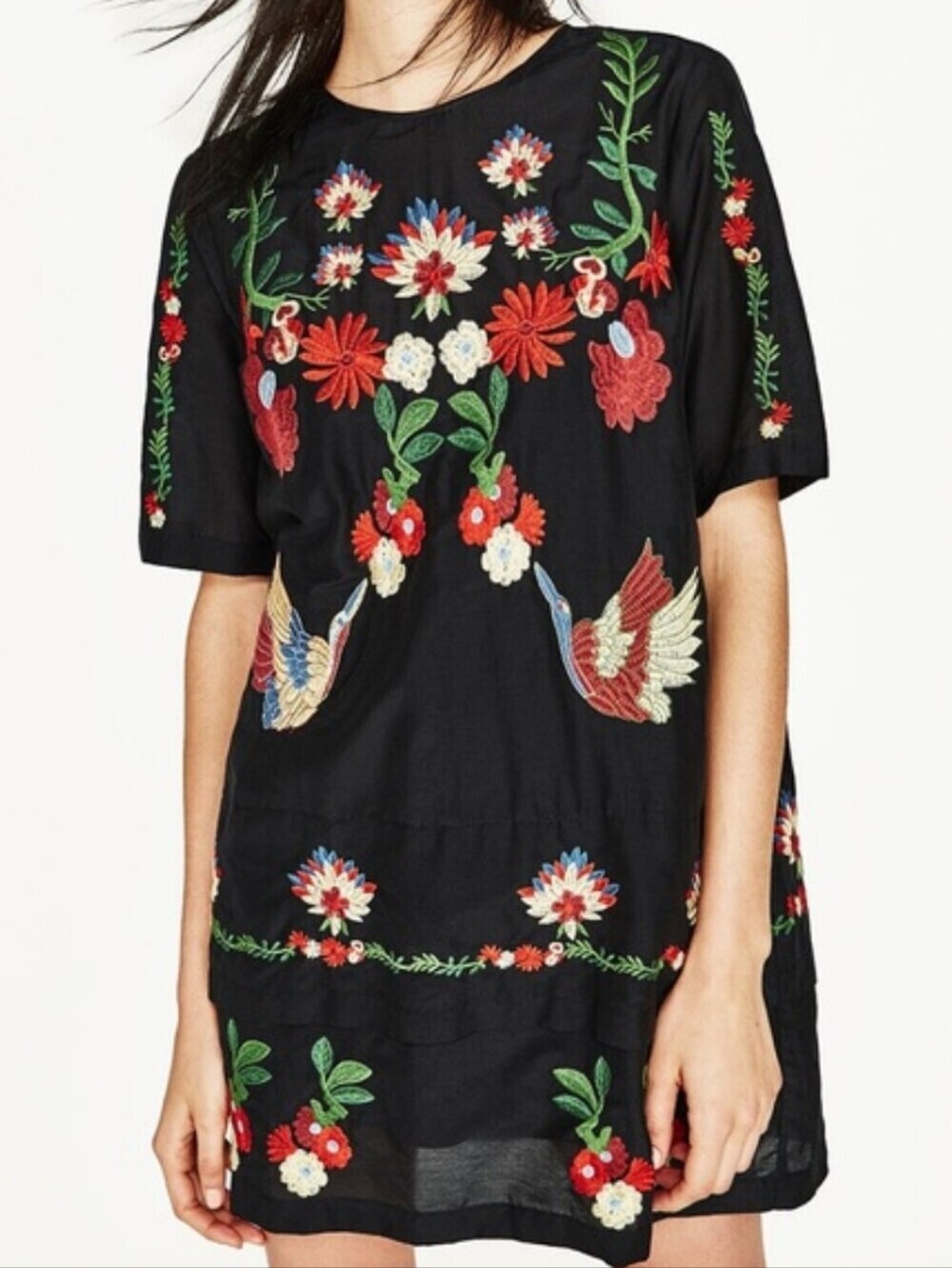 Zara Black Midi Dress with Multicolor Floral & Bird Embroidery_M